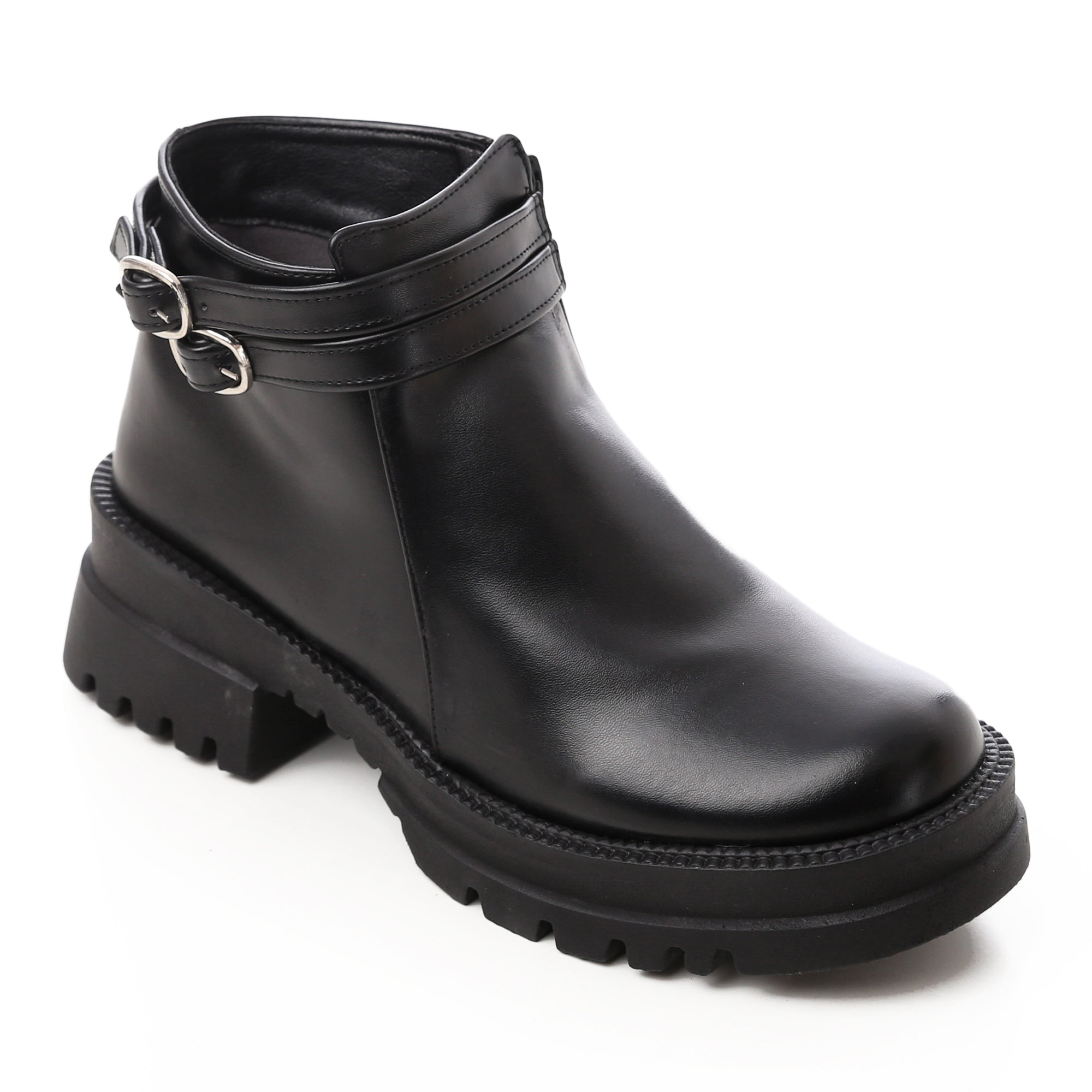 Double Buckle Chunky Leather Boots ƒ?? Black