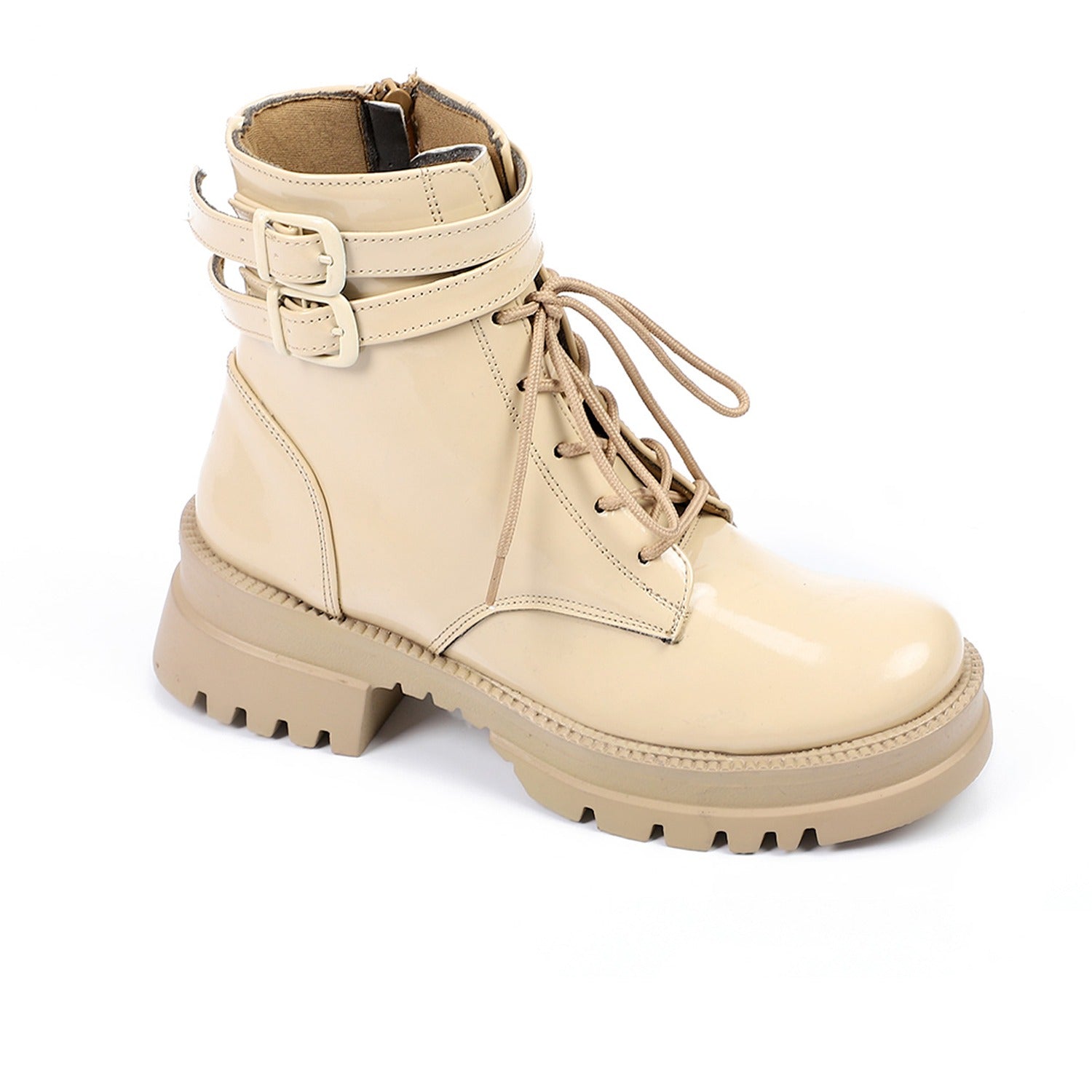 Patent High-Neck Combat Boots ƒ?? Beige