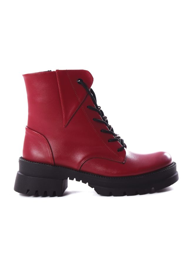 Leather Lace-Up Ankle Boots ƒ?? Red