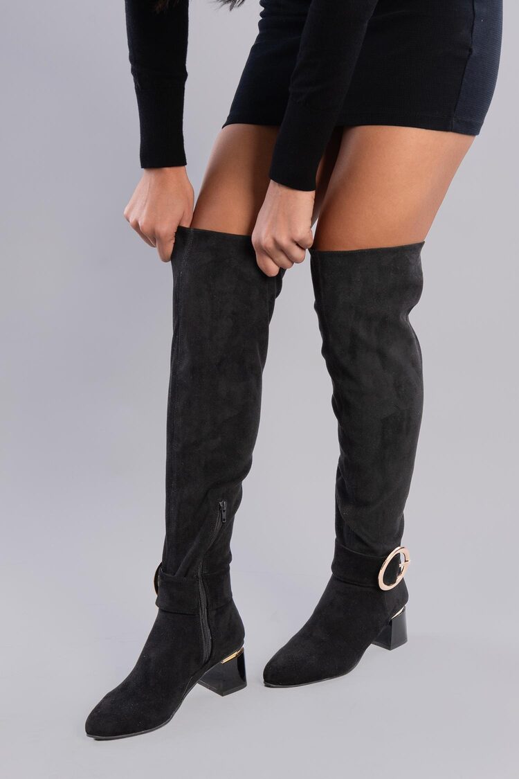 Suede Knee-High Boots with Block Heel ƒ?? Black