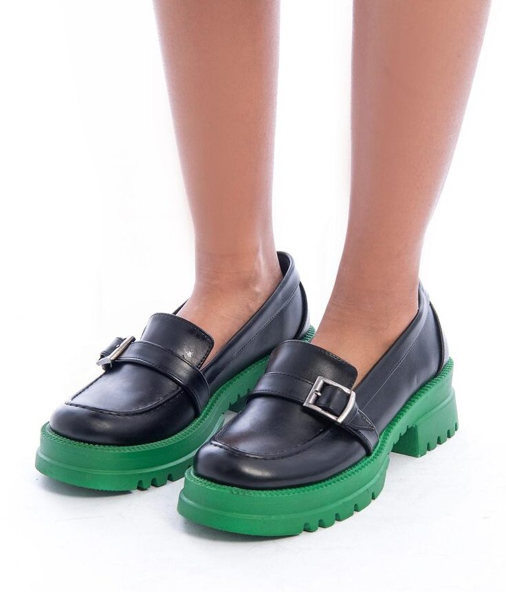 Chunky Faux Leather Loafers with Green Sole – Black