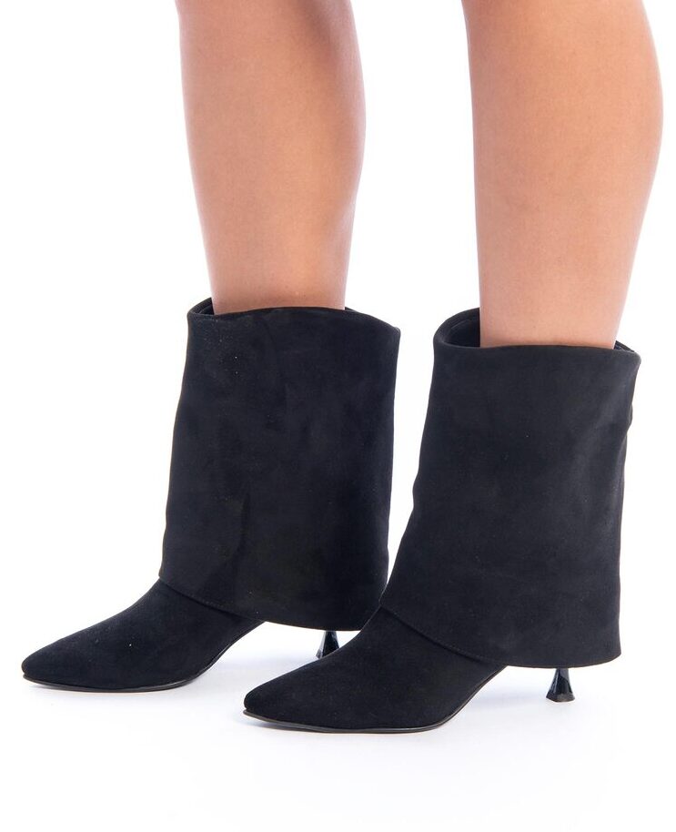 Suede Slouchy Mid-Calf Boots with Stiletto Heel ƒ?? Black