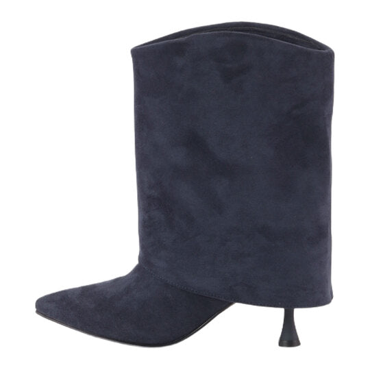 Suede Slouchy Mid-Calf Boots with Stiletto Heel Navy Blue