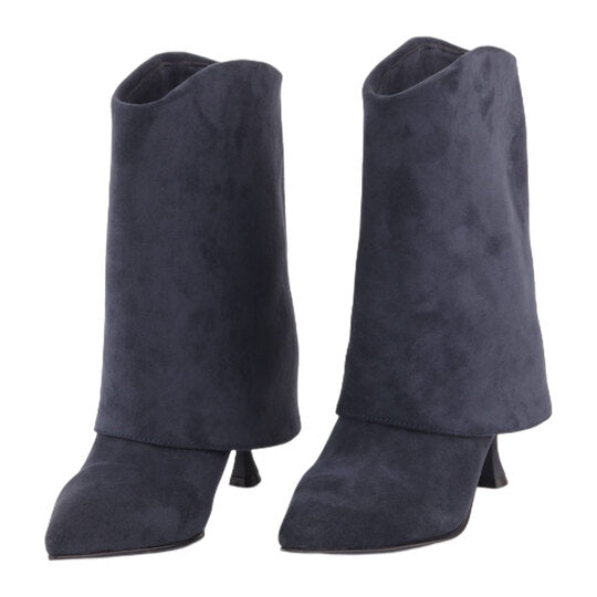 Suede Slouchy Mid-Calf Boots with Stiletto Heel – Navy Blue