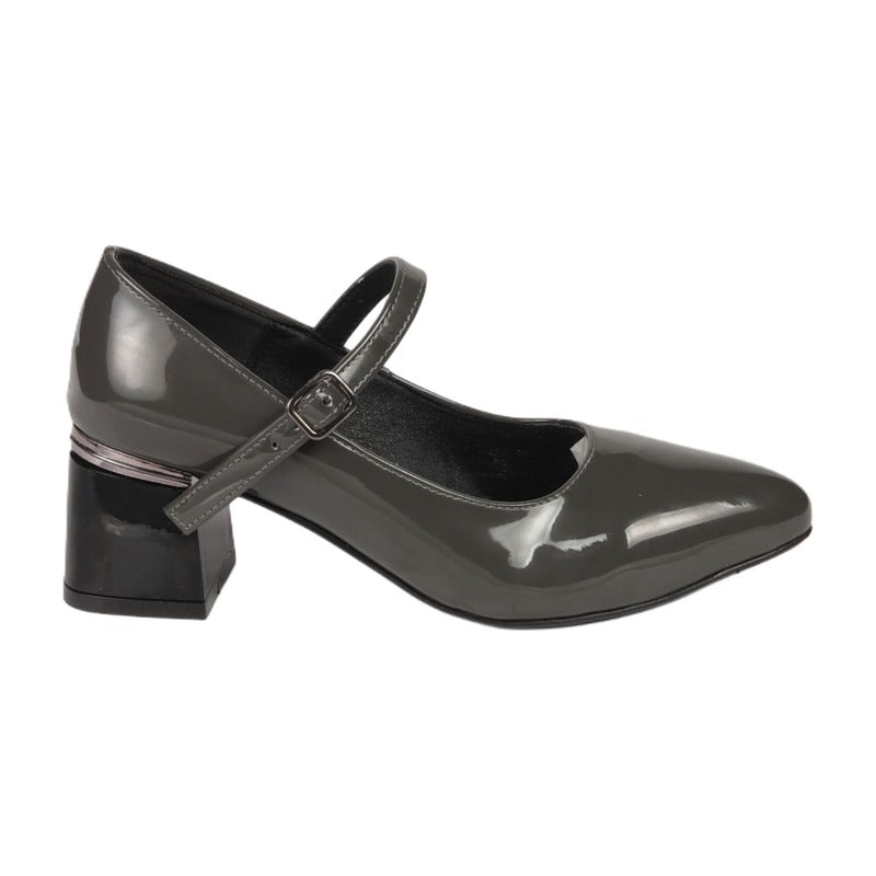 Patent Faux Leather Block Heels with Ankle Strap – Grey