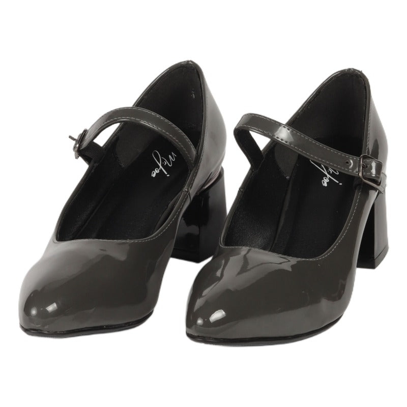 Patent Faux Leather Block Heels with Ankle Strap – Grey