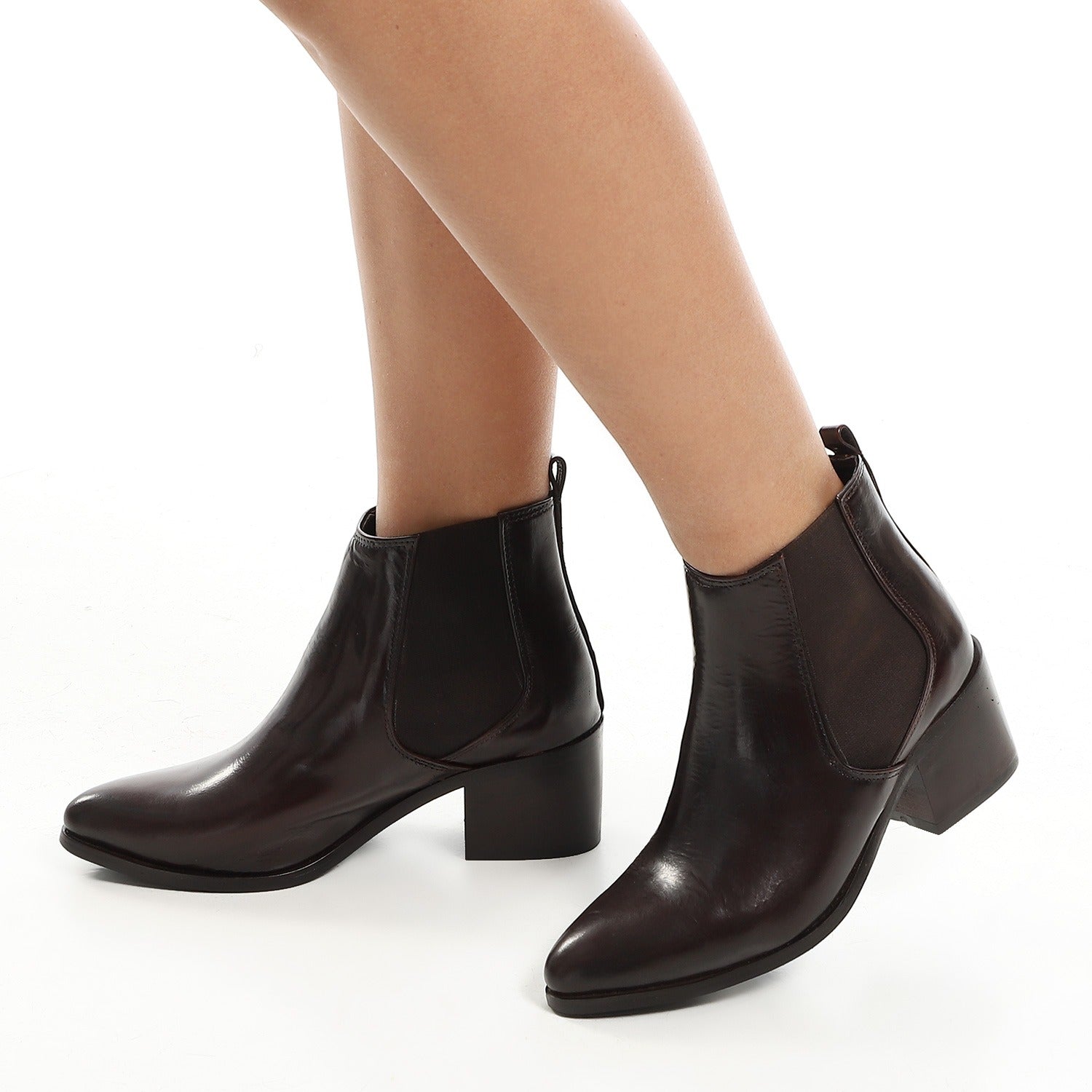 Leather Chelsea Ankle Boots with Block Heel ƒ?? Brown