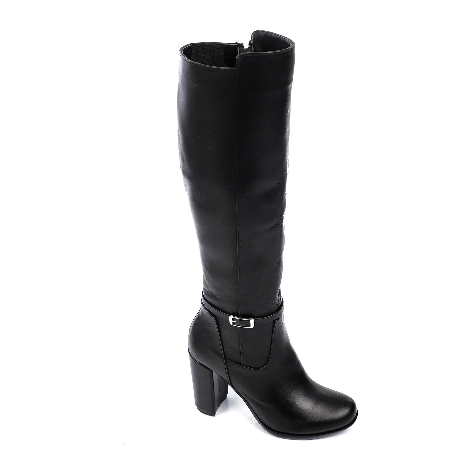 High Knee Leather Boots with Block Heel ƒ?? Black