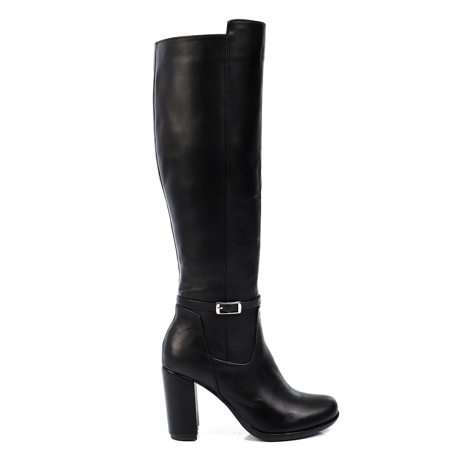 High Knee Leather Boots with Block Heel ƒ?? Black