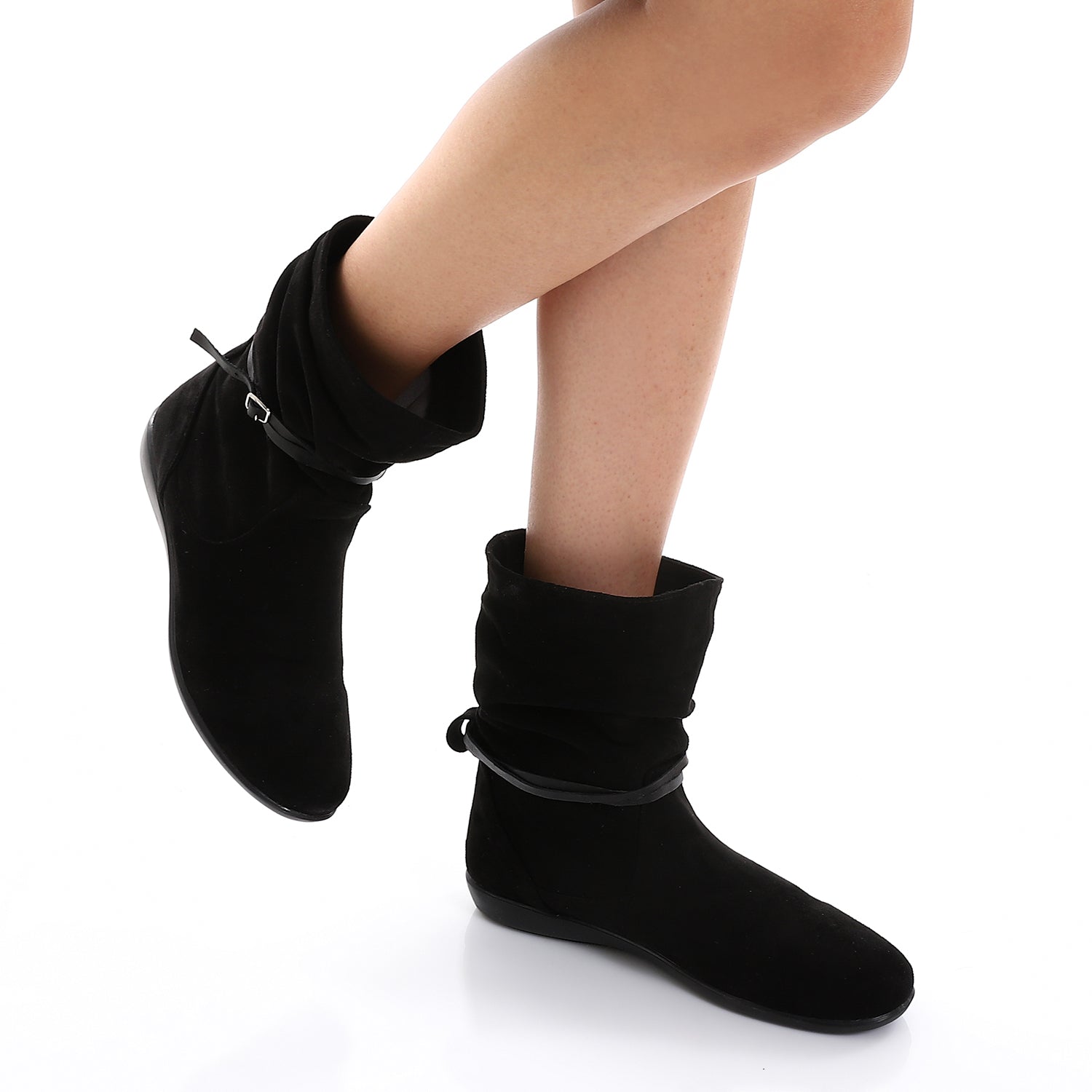 Folded Suede Flat Boots ƒ?? Black
