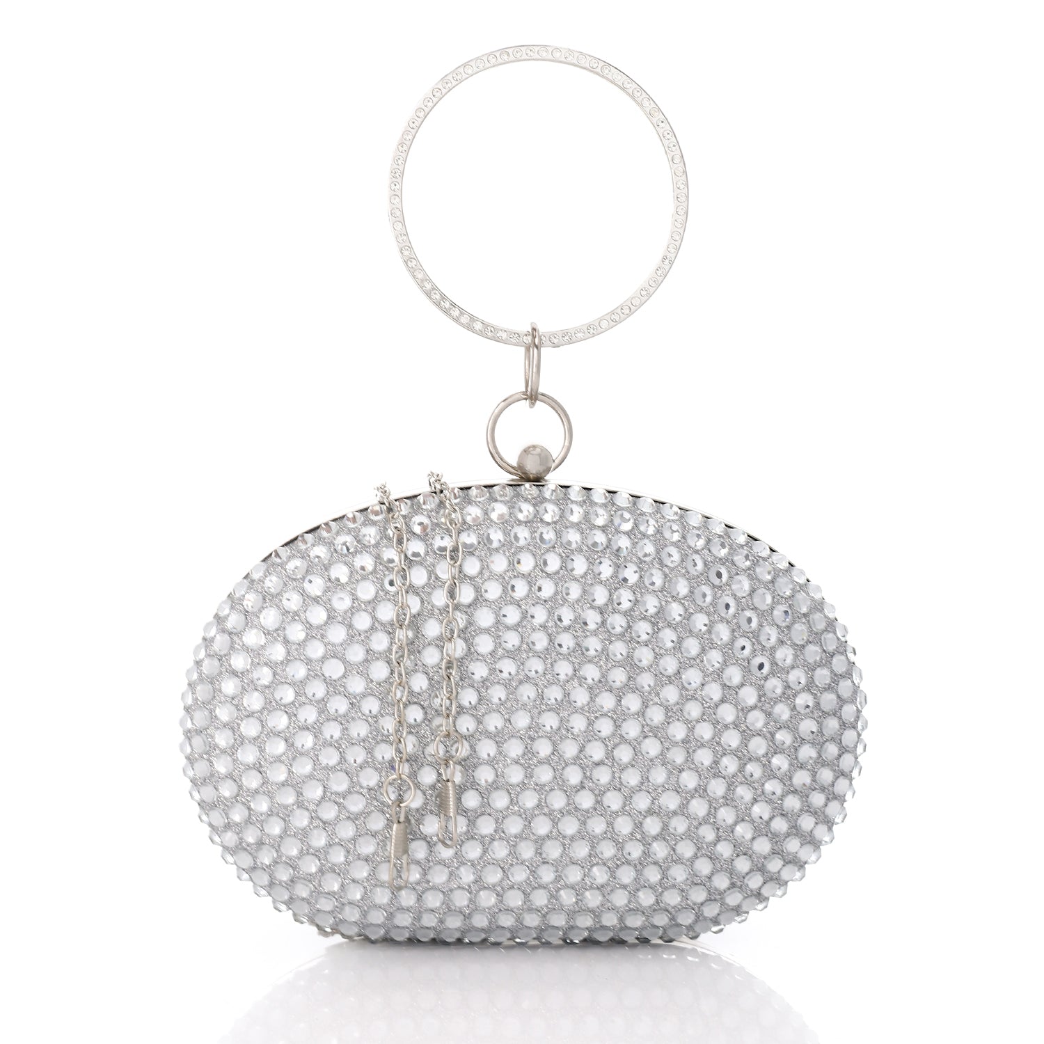 Crystal Studded Oval Clutch Bag – Silver
