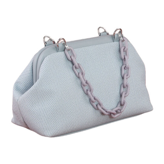 Textured Fabric Shoulder Bag with Chain Handle – Baby Blue