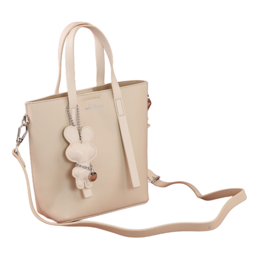 Minimal Tote Handbag with Bunny Charm Cream Beige