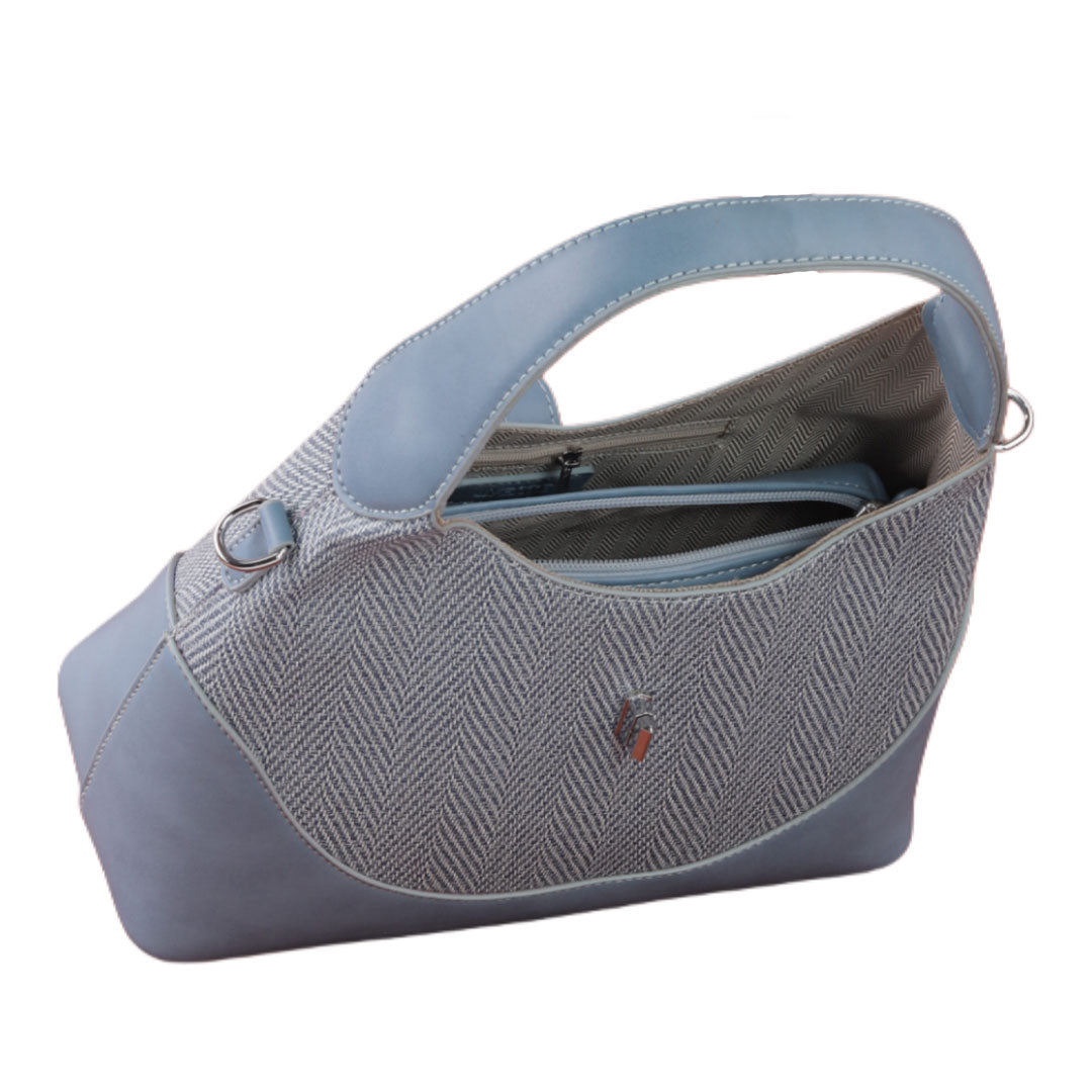 Textured Fabric & Faux Leather Shoulder Bag ??? Light Blue