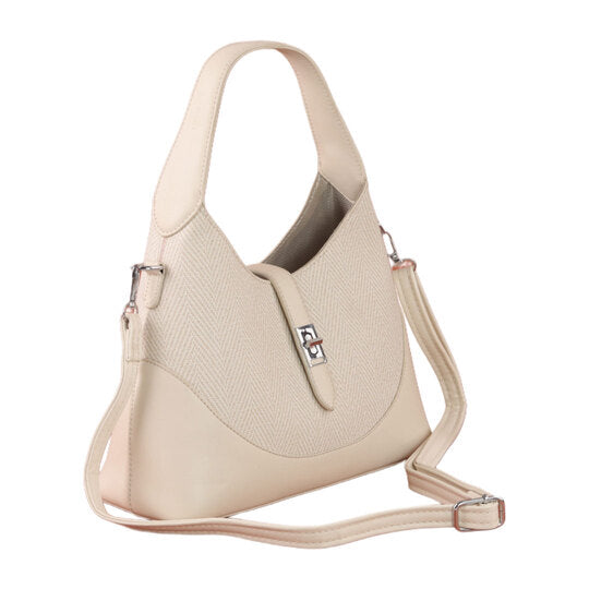Textured Fabric & Faux Leather Shoulder Bag – Beige