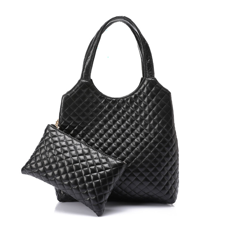 Quilted Faux Leather Tote Handbag with Pouch ƒ?? Black