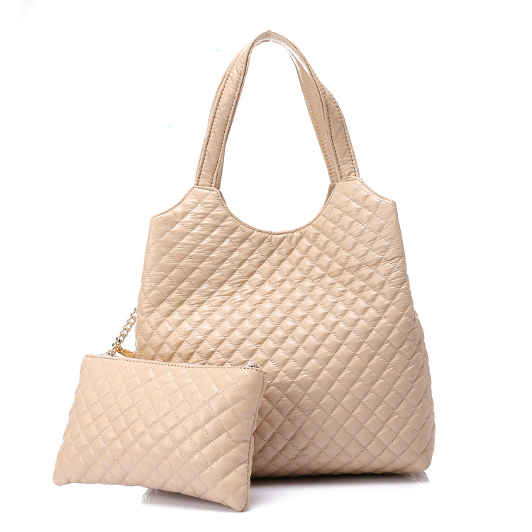 Quilted Faux Leather Tote Handbag with Pouch – Beige