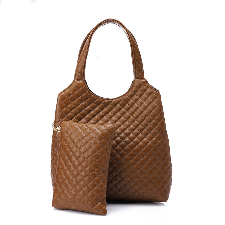 Quilted Faux Leather Tote Handbag with Pouch – Havan