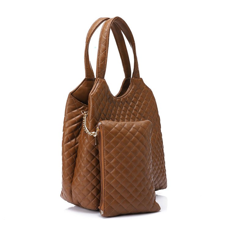 Quilted Faux Leather Tote Handbag with Pouch Havan