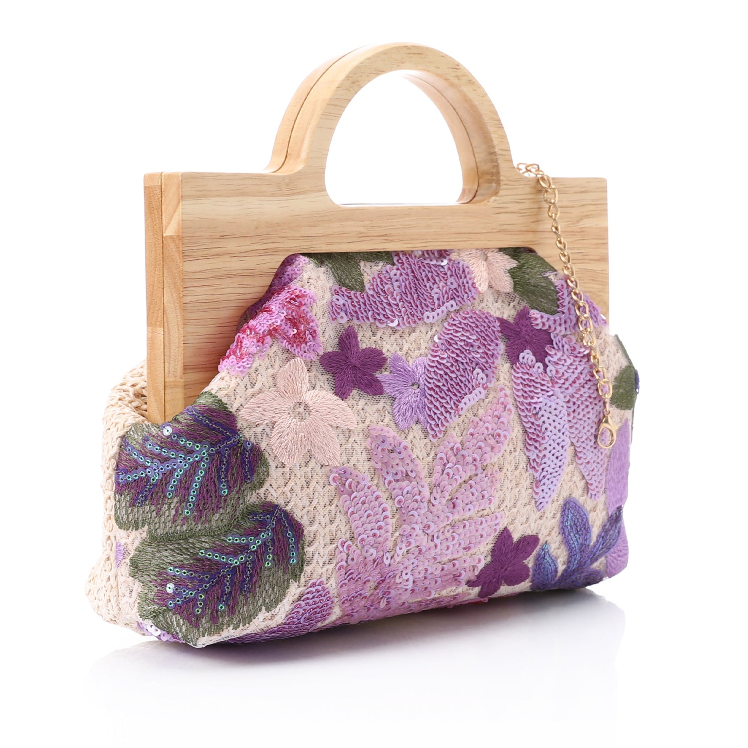 Floral Sequin Wooden Handle Clutch Multicolor