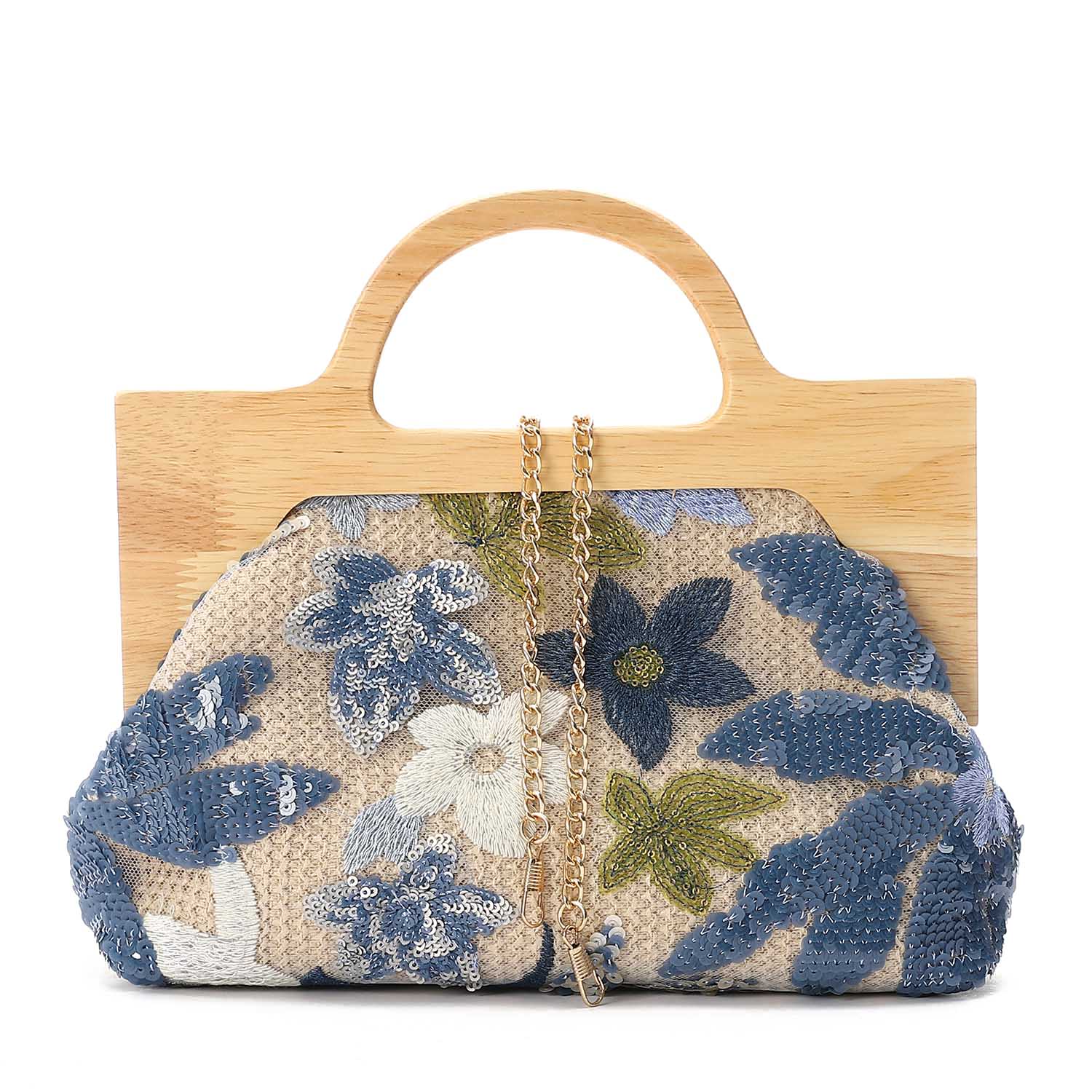 Floral Sequin Wooden Handle Clutch β Multicolor
