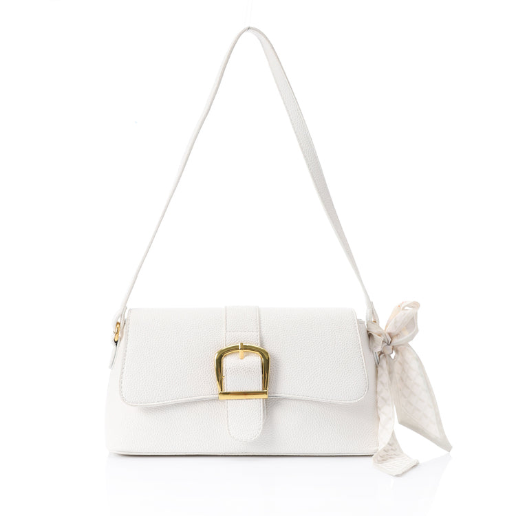 Buckle Detail Shoulder Bag with Scarf Accent ƒ?? White