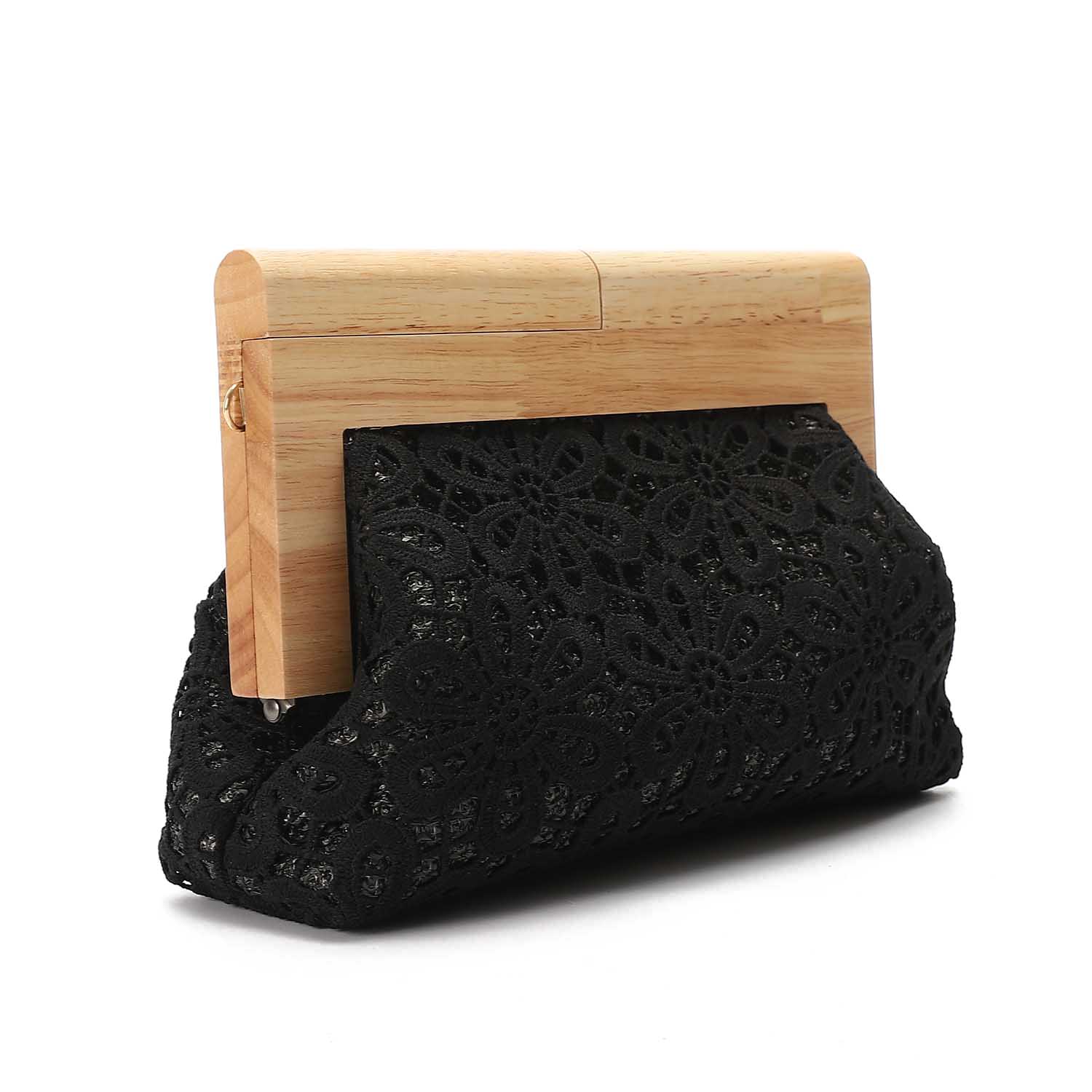 Crochet Floral Wooden Frame Clutch Black