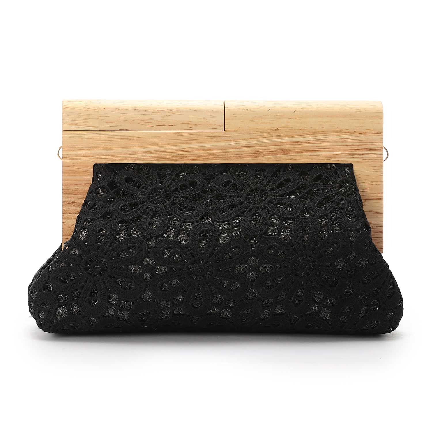Crochet Floral Wooden Frame Clutch Black
