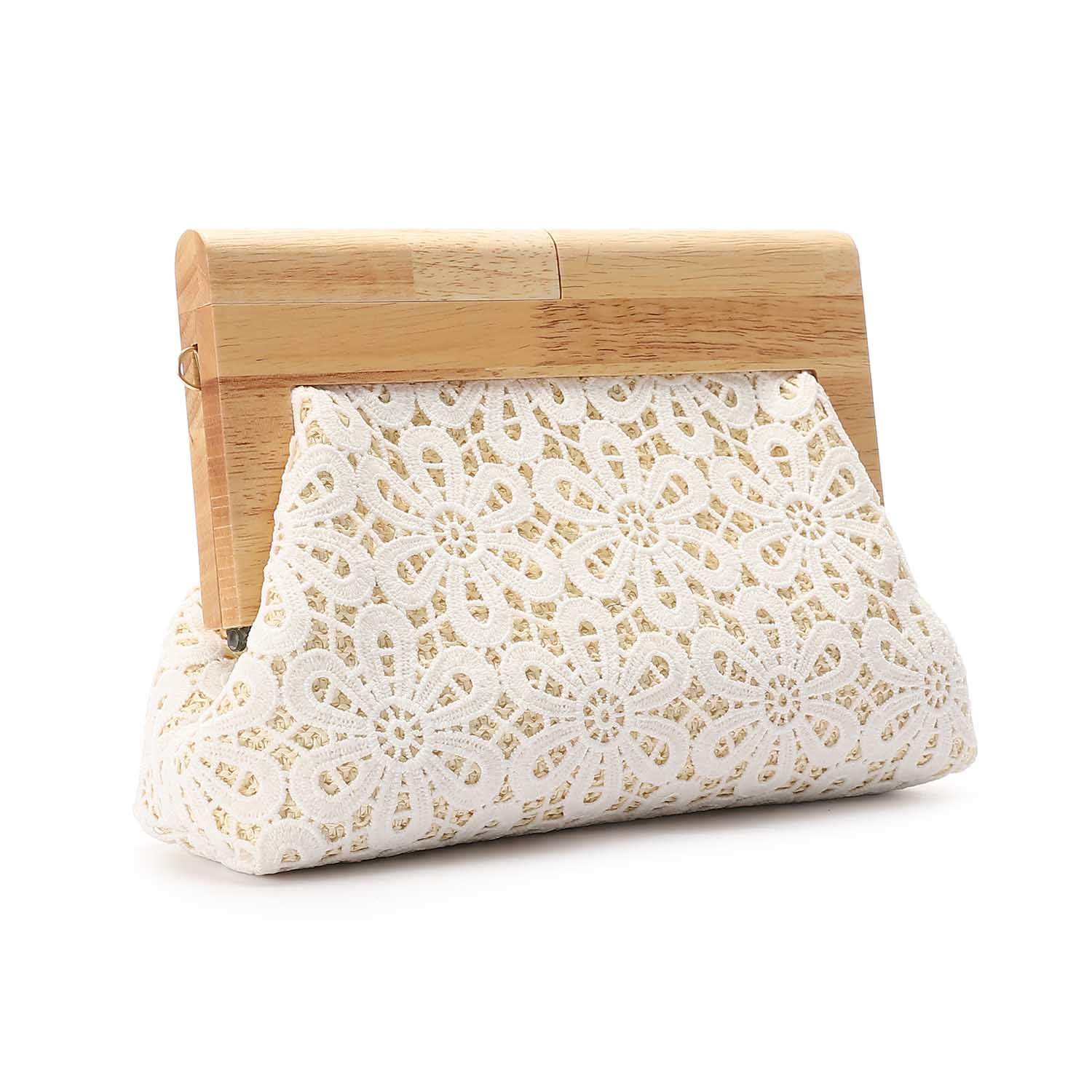 Crochet Floral Wooden Frame Clutch White