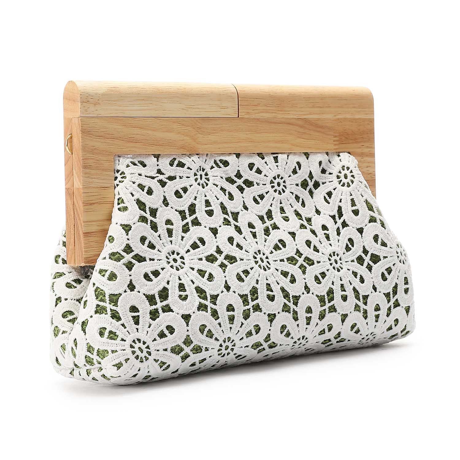 Crochet Floral Wooden Frame Clutch White & Green
