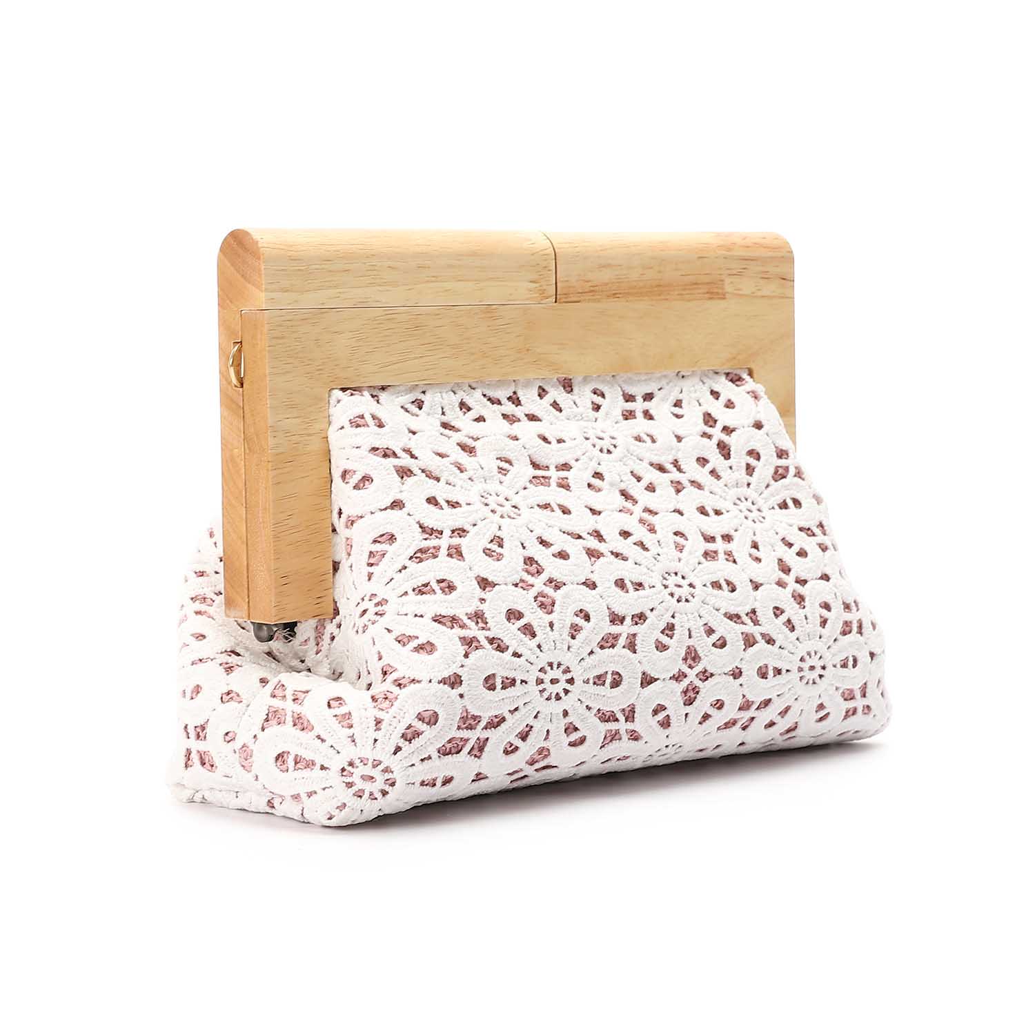 Crochet Floral Wooden Frame Clutch White & Pink