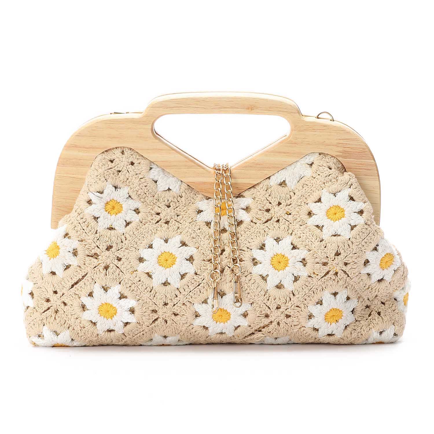 Crochet Daisy Wooden Frame Bag – Beige