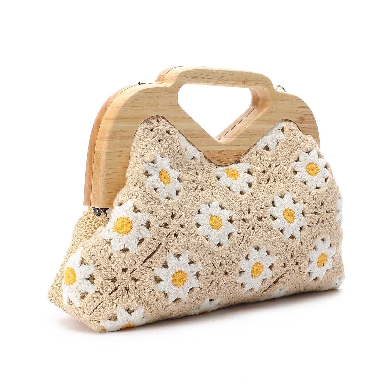 Crochet Daisy Wooden Frame Bag Beige