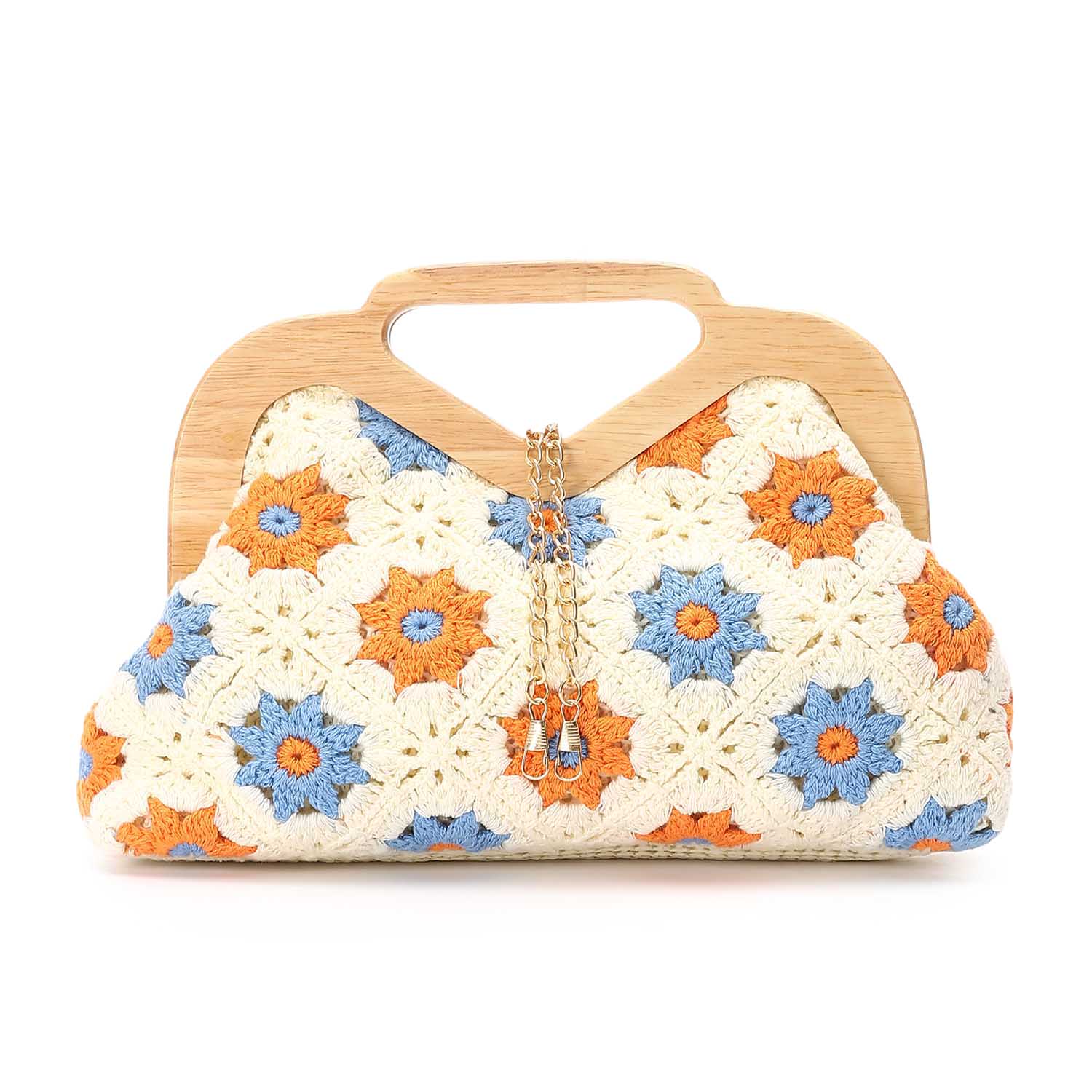 Crochet Bloom Wooden Frame Bag – Blue & Sunset Orange