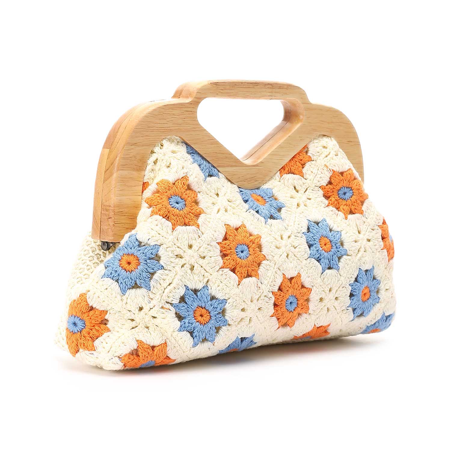 Crochet Bloom Wooden Frame Bag Blue & Sunset Orange