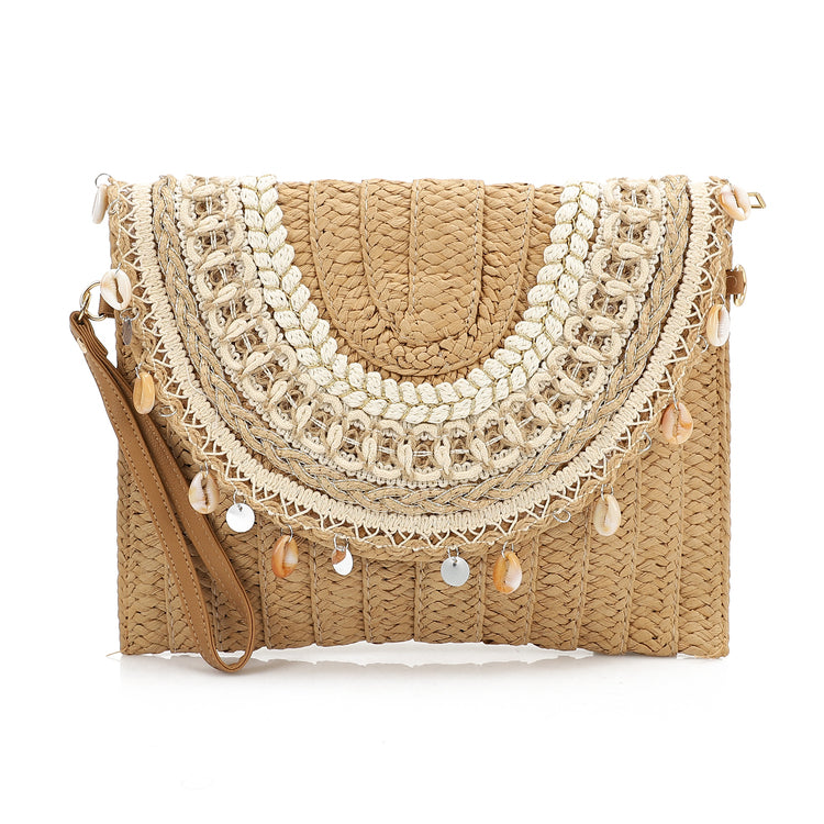 Boho Seashell Straw Clutch β Beachside Charm