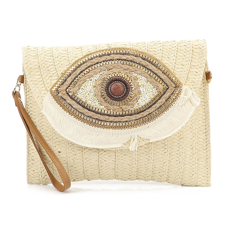 Boho Evil Eye Straw Clutch - Beige