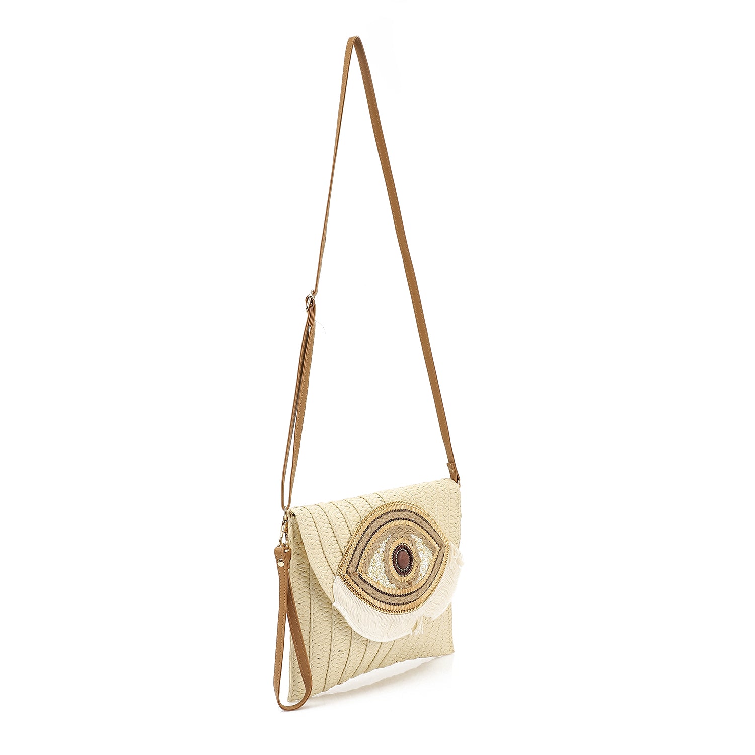 Boho Evil Eye Straw Clutch - Beige