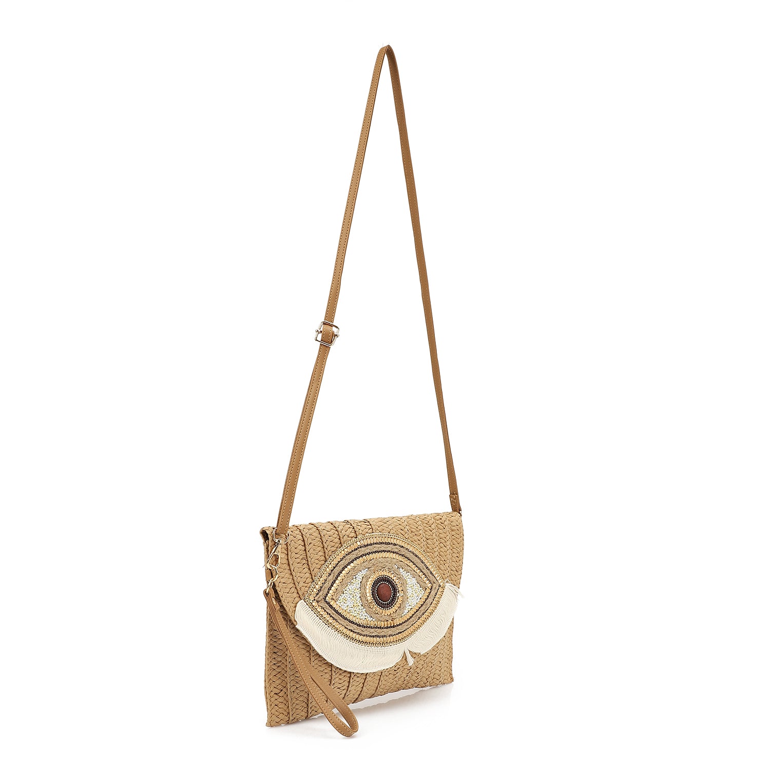 Boho Evil Eye Straw Clutch - Tan