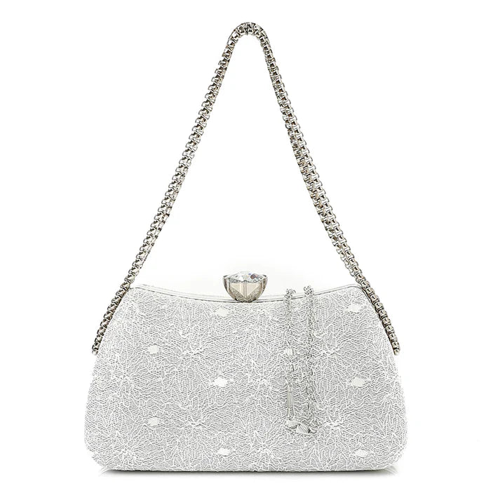 Synthetic Clutch Bag with Chain Strap - Off White & Silver