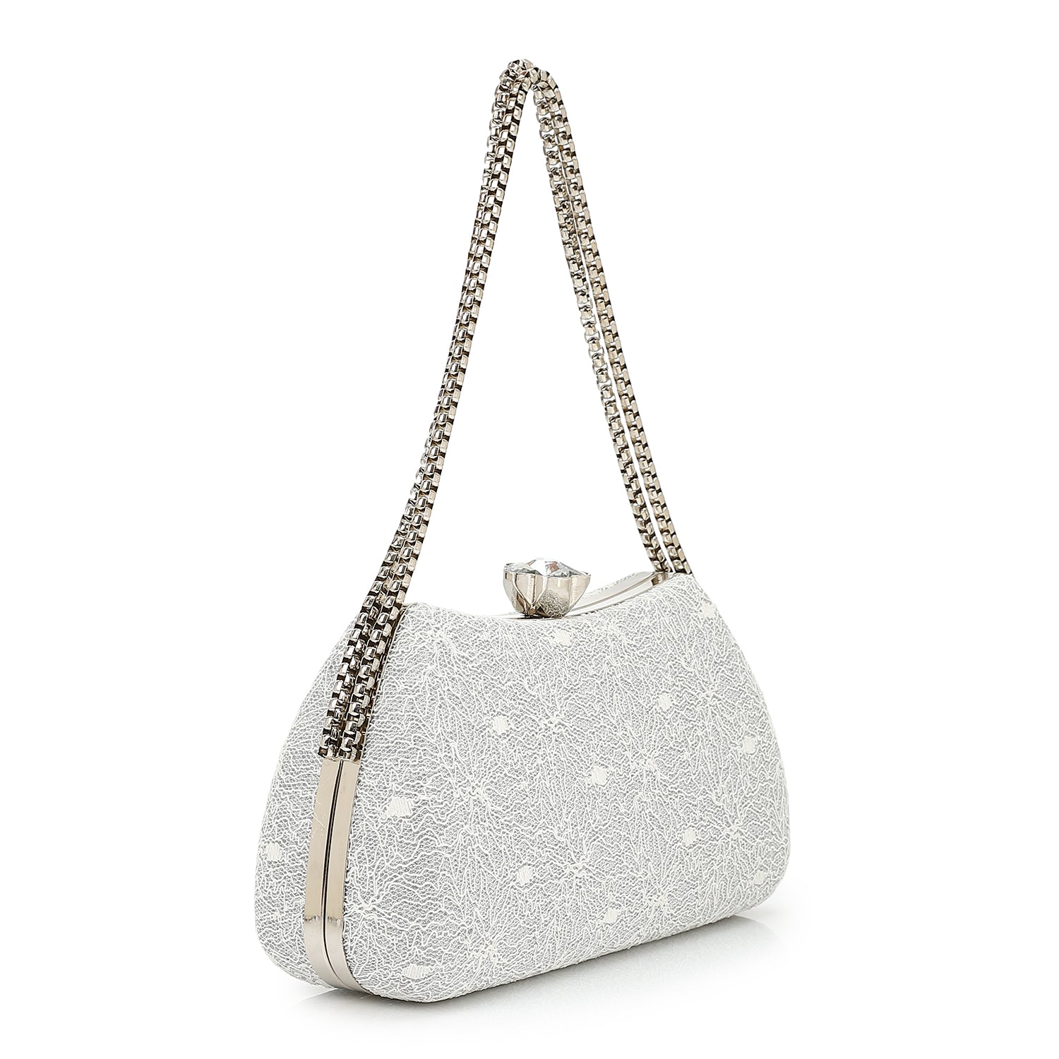 Synthetic Clutch Bag with Chain Strap - Off White & Silver