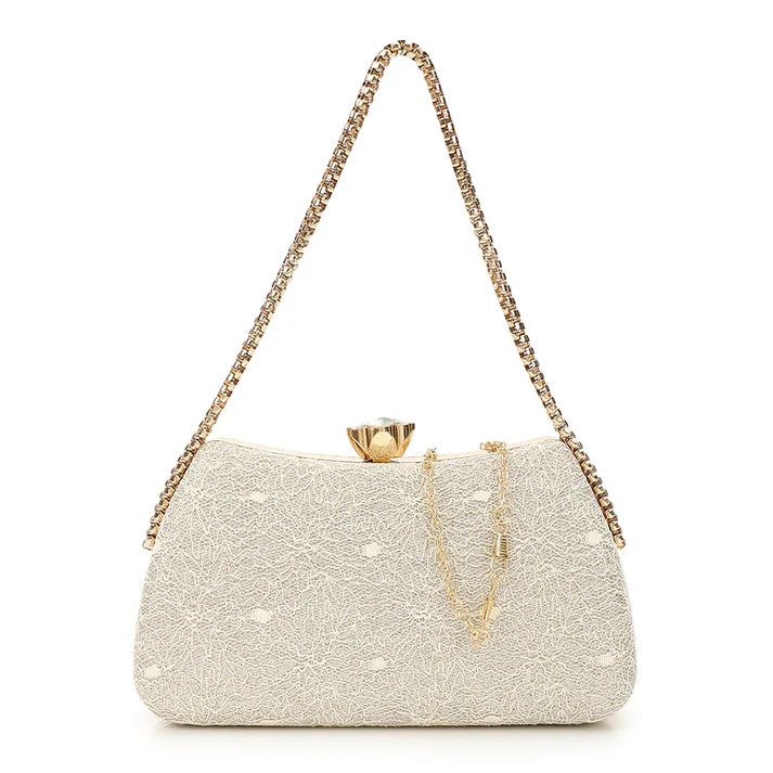 Synthetic Clutch Bag with Chain Strap - Off White & Gold