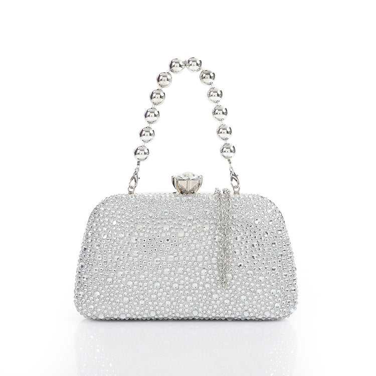 Crystal Beaded Clutch with Pearl Handle – Silver