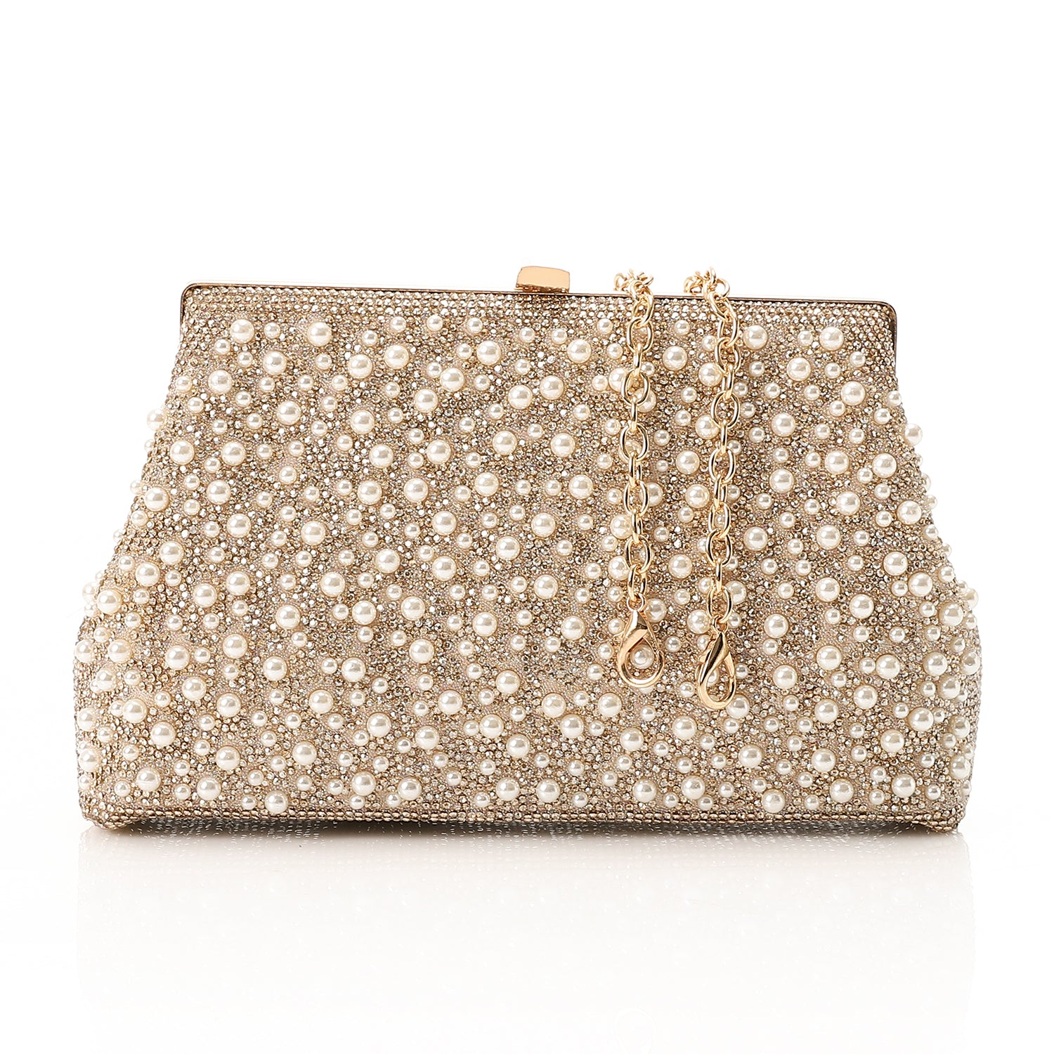 Pearl Embellished Evening Clutch Gold