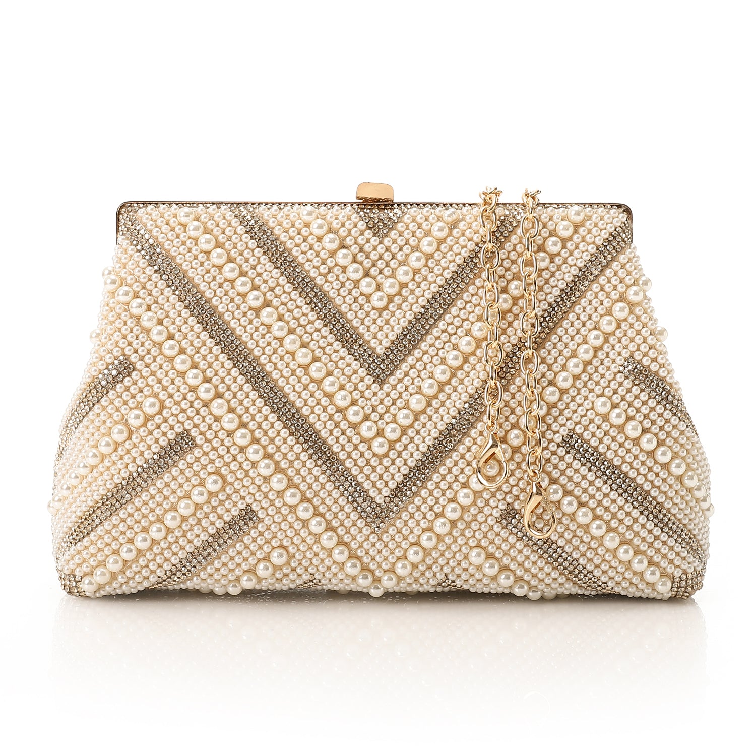 V Shaped Pearl-embellished Clutch - Gold