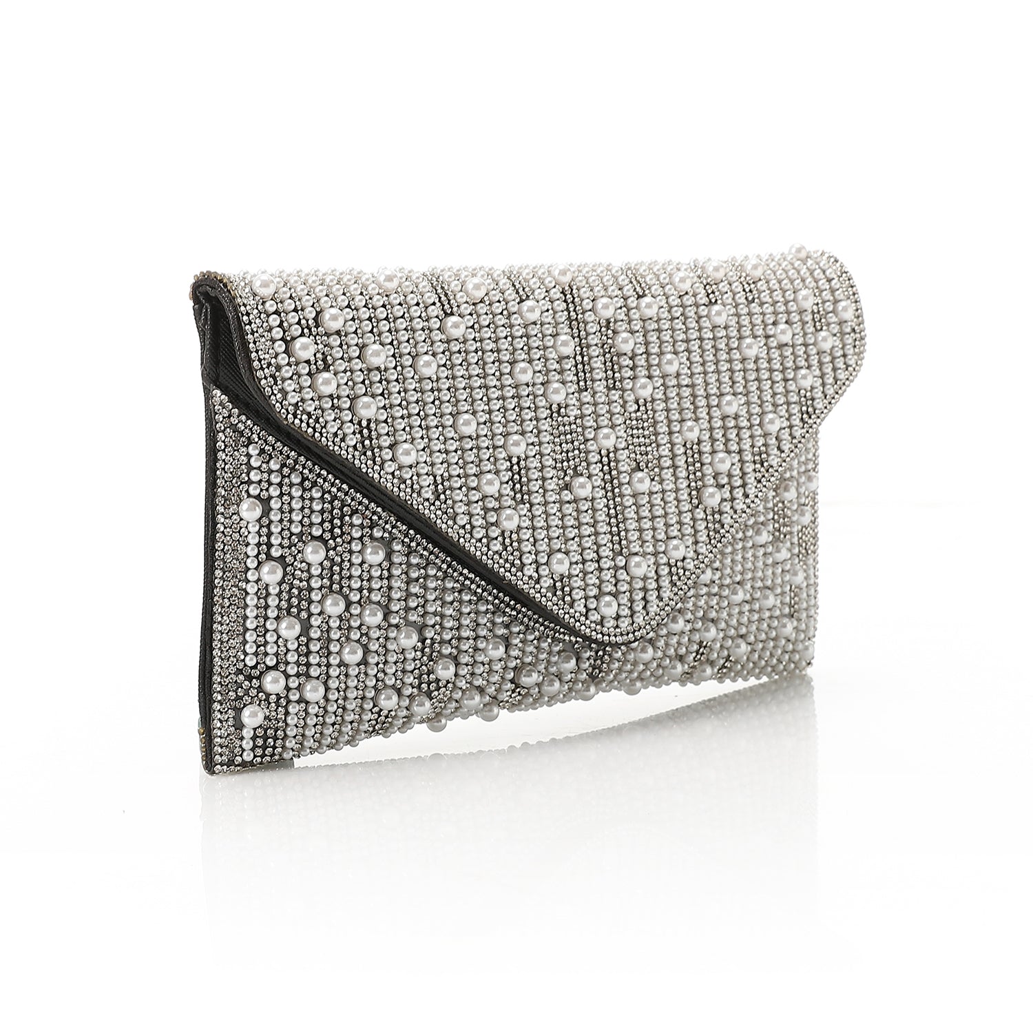 Beaded Pearl Envelope Clutch - Black