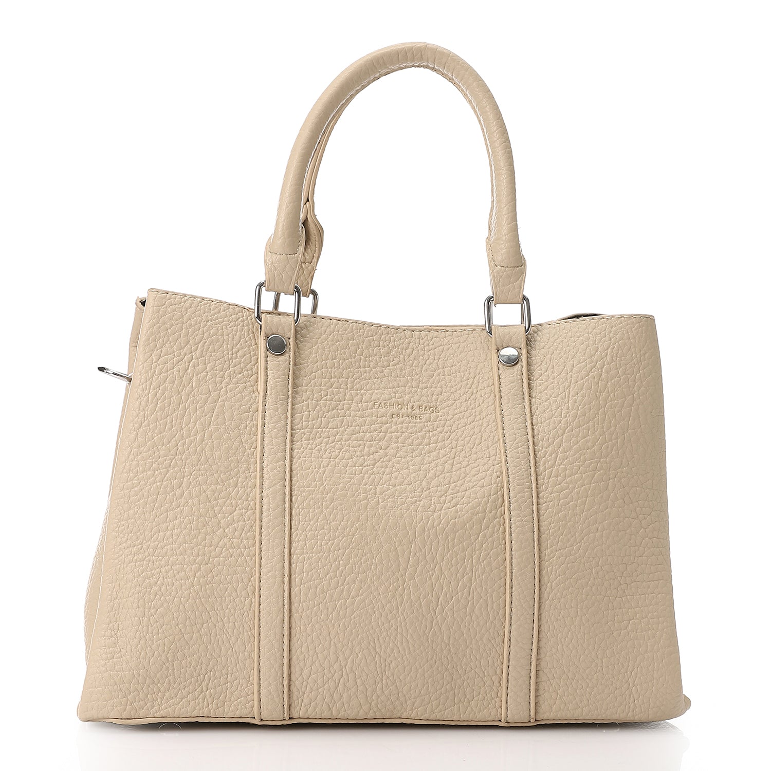 Pebbled Structured Tote Bag with Top Handles - Beige