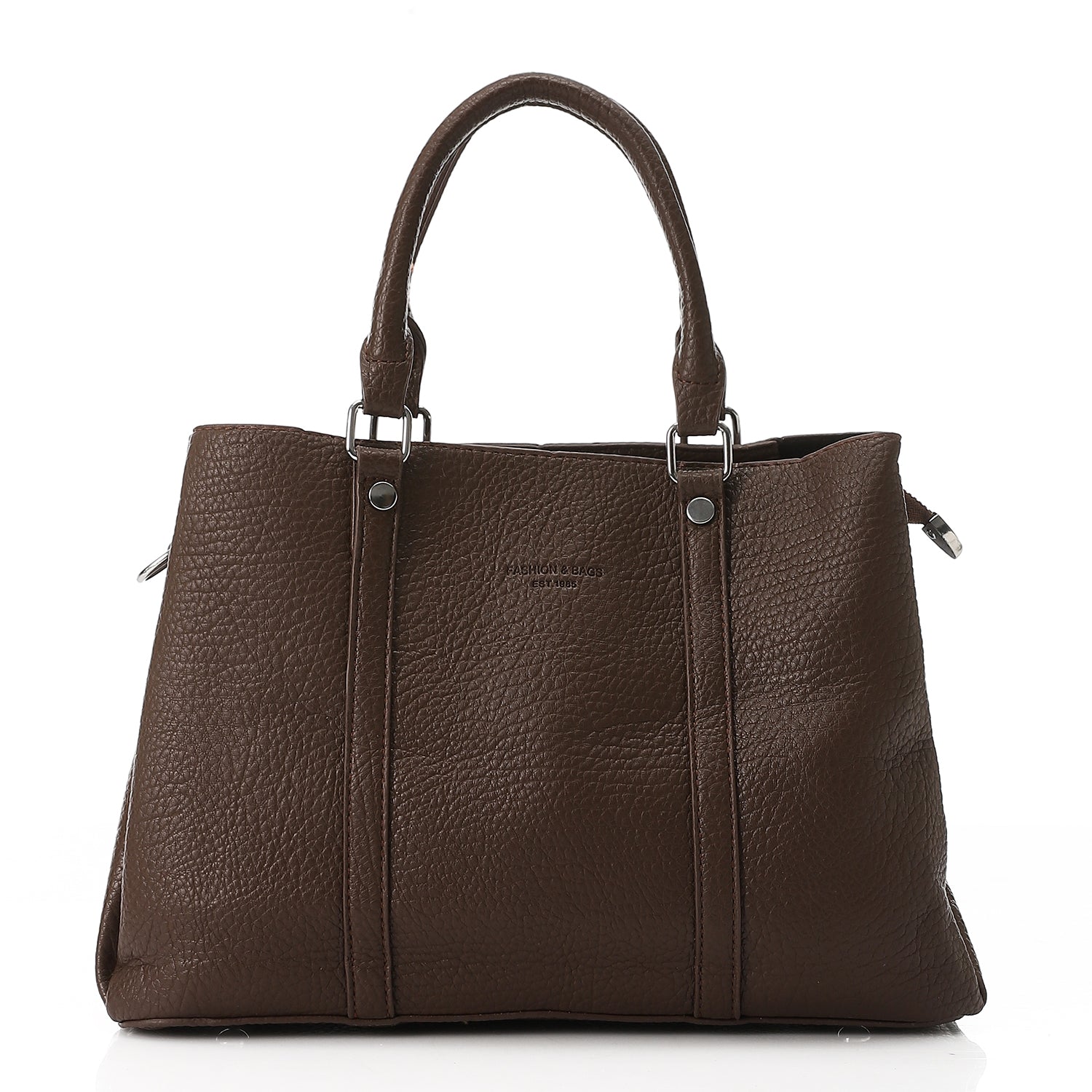 Pebbled Structured Tote Bag with Top Handles - Brown