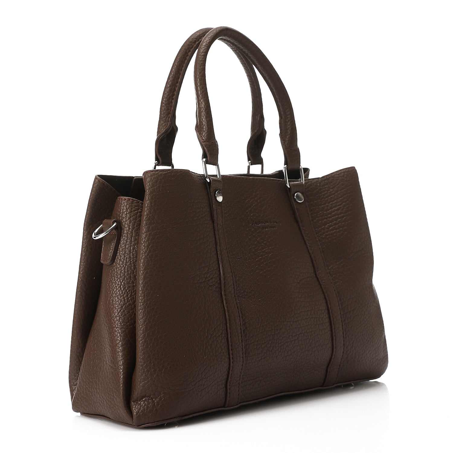 Pebbled Structured Tote Bag with Top Handles - Brown