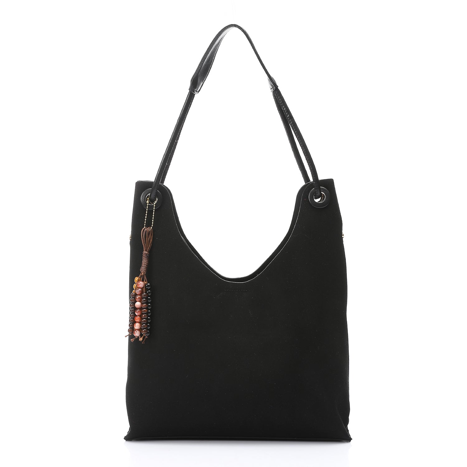 Hobo Shoulder Bag with Beaded Charm β Black